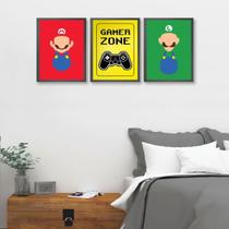 Kit 3 Quadros Gamer Zone Color 45x34cm - Moldura Branca