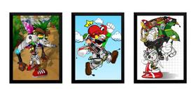 Kit 3 Quadros Games Retro Crash Mario Sonic Arte Consoles - Fanarte