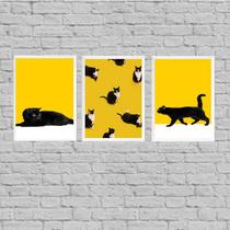 Kit 3 Quadros Gato Preto E Amarelo 45x34cm - com vidro