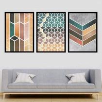 Kit 3 Quadros Geométrico Cubos Coloridos 45x34cm - com vidro