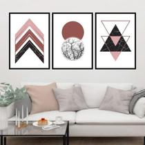 Kit 3 Quadros Geométrico Rosa E Gold 45X34Cm Moldura Preta Kit 3 Quadros Geométrico Rosa E Gold 45X34Cm Moldura Preta