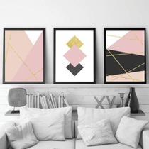 Kit 3 Quadros Geométrico Rosa E Preto Ii 24X18Cm