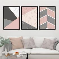 Kit 3 Quadros Geométrico Rosa/Preto/Cinza 24x18cm - com vidro