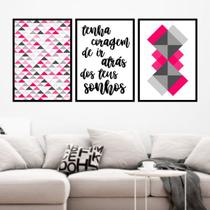 Kit 3 Quadros Geométrico Tenha Coragem Rosa 45x34cm - com vidro