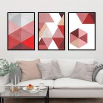 Kit 3 Quadros Geométrico Vermelho E Branco 24X18Cm