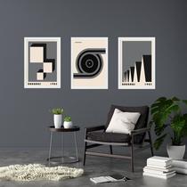 Kit 3 Quadros Geométricos Bauhaus Cinza e Preto 24x18cm
