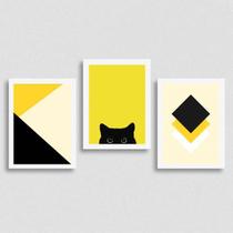 kit 3 quadros Geométricos Gato Preto/Amarelo 33x24cm