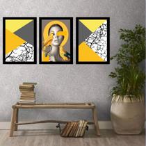 Kit 3 Quadros Geométricos Mulher Cinza E Amarelo 33X24Cm