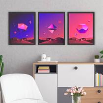 Kit 3 Quadros Geométricos Naves Espaciais 34x23Cm