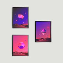 Kit 3 Quadros Geométricos Naves Espaciais 45X34 Vidro Preta