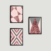 Kit 3 Quadros Geométricos Rosados 24x18cm - com vidro