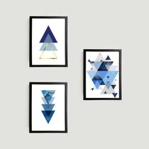 Kit 3 Quadros Geométricos Triângulos Azuis 24x18cm - com vidro