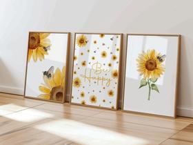 Kit 3 Quadros Girassol Abelha Bee Happy Quarto Menina Decoração Kit 3 Quadros Girassol Abelha Bee Happy Quarto Menina Decoração