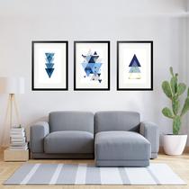 Kit 3 Quadros Grandes Abstratos Triangulos Azuis 60x48cm