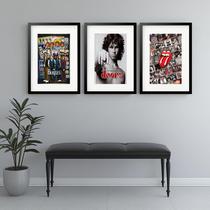 Kit 3 Quadros Grandes The Doors Rolling Stones & The Beatles - 60x48cm
