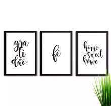 Kit 3 Quadros Gratidão Fé Home Sweet Com Moldura e Vidro