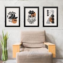 Kit 3 Quadros Gravuras Boho Folhas Preto e Marrom 45x34cm - com vidro