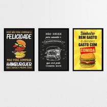 Kit 3 Quadros Hambúrguer Frases 33X24Cm - Com Vidro Preta