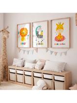 Kit 3 Quadros Infantil Bebê Alegria Valores Doce Leão Zebra Girafa Colorido