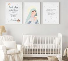 Kit 3 Quadros Infantil Quarto Bebê Menino Nossa Senhora Oração Anjo 24x33 c Vidro