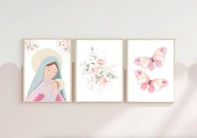 Kit 3 Quadros Infantil Quarto de Bebê Nossa Senhora Floral e Borboletas 24x33 c Vidro