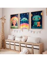 Kit 3 Quadros Infantil UFO Arco Iris Colorido Alienígena Ursinho Noite Fofo
