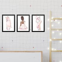 Kit 3 Quadros Infantis Bailarinas Morenas 45X34Cm - Vidro