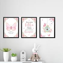 Kit 3 Quadros Infantis Cristãos - Borboleta Rosa 45x34cm