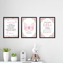Kit 3 Quadros Infantis Cristãos Borboletas Santo Anjo 45x34cm