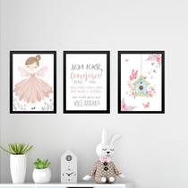 Kit 3 Quadros Infantis Menina Borboletinha - Salmo 45x34cm - com vidro