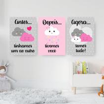 Kit 3 Quadros Infantis Nuvens Rosa E Cinza 24x18cm