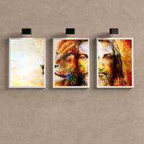 Kit 3 Quadros Jesus e Leão 24x18cm - Vidro e Moldura Preta