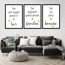 Kit 3 Quadros Lar, Família, Benção -Amarelo 33x24cm - com vidro
