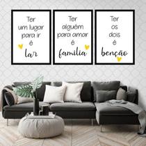 Kit 3 Quadros Lar, Família, Benção -Amarelo 45x34cm - com vidro