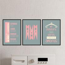 Kit 3 Quadros Lavanderia Cinza E Rosa 24x18cm - com vidro