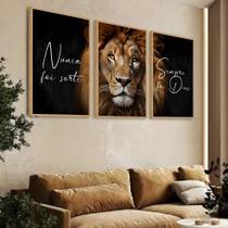 Kit 3 Quadros Leão Nunca Foi Sorte Sempre Foi Deus Moldura Cor da Moldura:Preta Kit 3 Quadros Leão Nunca Foi Sorte Sempre Foi Deus Moldura Cor da Moldura:Preta