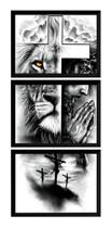 Kit 3 Quadros Linda Arte Jesus Leão De Judá Cruz Fé