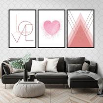 Kit 3 Quadros Love - Coração Rosa 33x24cm - com vidro