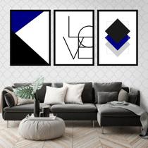 Kit 3 Quadros Love Geométrico Azul Royal 33x24cm - com vidro