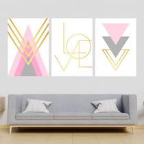 Kit 3 Quadros Love Triângulos Rosa/Dourado 60x40cm
