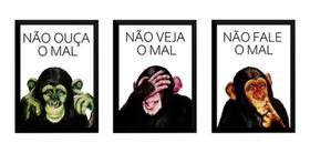 Kit 3 Quadros Macacos Sábios Arte Não Ouça Fale Veja O Mal