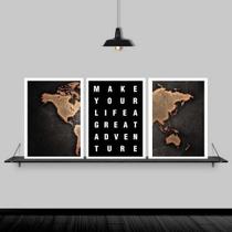 Kit 3 Quadros Mapa Adventure Life 33X24Cm - Madeira Branca