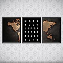 Kit 3 Quadros Mapa Adventure Life 45x34cm - com vidro