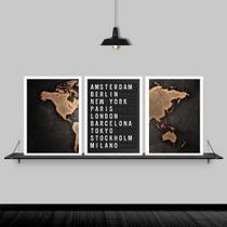 Kit 3 Quadros Mapa Placa De Aeroporto 45X34 Com Vidro Branca