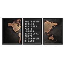 Kit 3 Quadros Mapa Placa De Aeroporto 45X34Cm Madeira Branca