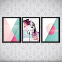 Kit 3 Quadros Marilyn Abstrato Aquarela 33X24 Moldura Preta
