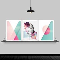 Kit 3 Quadros Marilyn Abstrato Aquarela 33X24 Moldura Preta