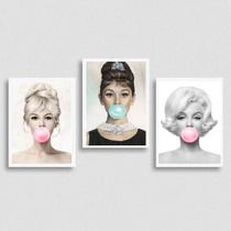 Kit 3 Quadros Marilyn, Audrey e Bridgit chiclete 24x18cm - com vidro