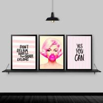 Kit 3 Quadros Marilyn Life Your Dreams 45X34 Moldura Branca