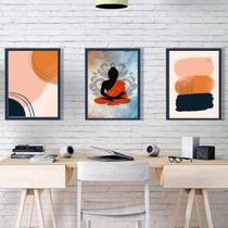 Kit 3 Quadros Meditação Abstrato 45X34Cm Moldura Branca